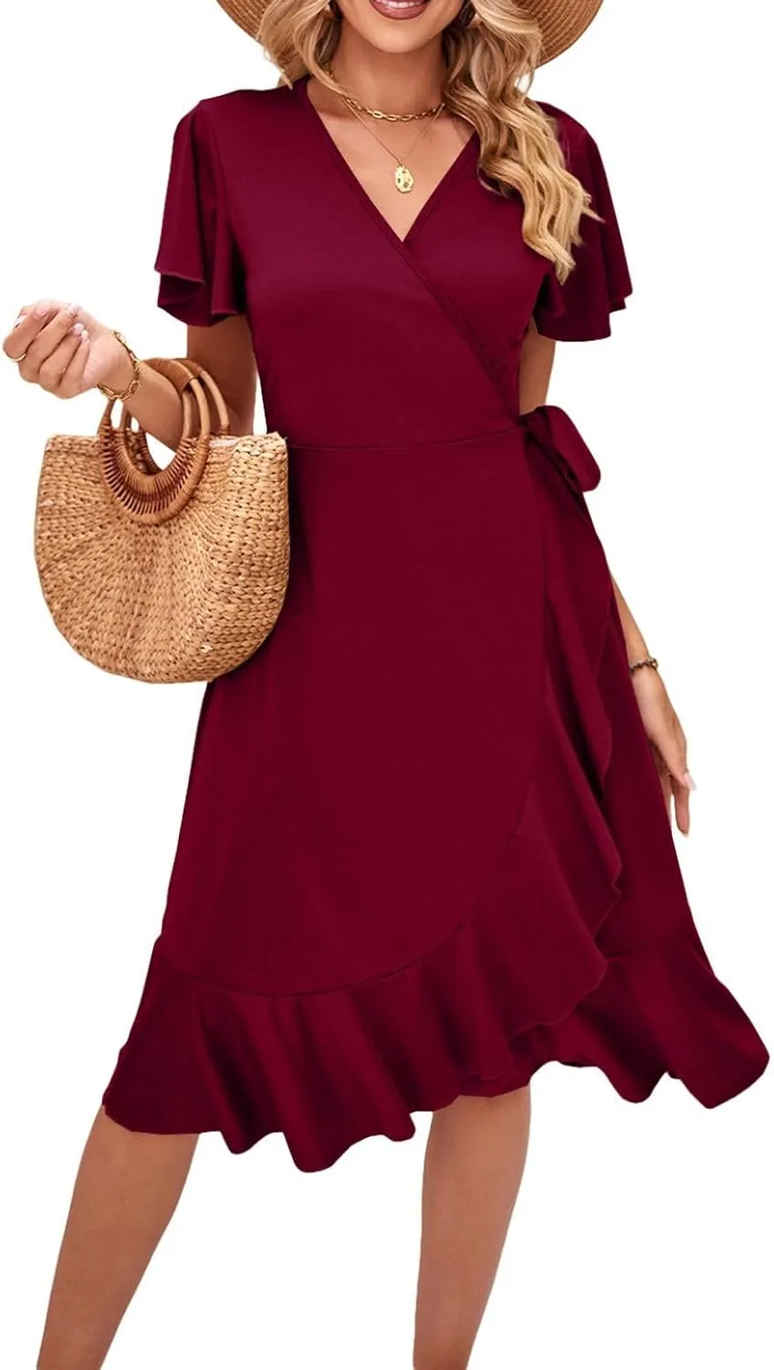 Women's Summer Dresses Midi Dress Short Sleeve Wrap V Neck Casual Belted Deep V Neck Spring