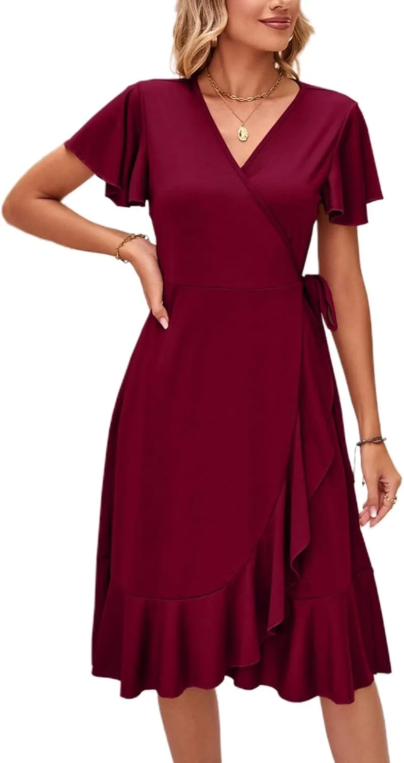 Women's Summer Dresses Midi Dress Short Sleeve Wrap V Neck Casual Belted Deep V Neck Spring