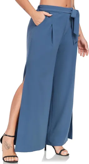 Women's Wide Leg Pants High Waist Tie Knot Front with Pockets Flowy Casual Palazzo Trousers